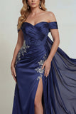 Robe de la mère de la mariée à corset marais à épaules dénudés de marine avec fente