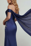 Robe de la mère de la mariée à corset marais à épaules dénudés de marine avec fente