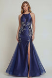 Robe de la mère de la mariée en satin satin en satin en sirène à l’application bleu marine avec fente