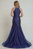 Robe de la mère de la mariée en satin satin en satin en sirène à l’application bleu marine avec fente