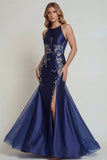 Robe de la mère de la mariée en satin satin en satin en sirène à l’application bleu marine avec fente