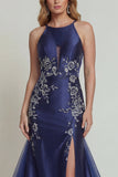 Robe de la mère de la mariée en satin satin en satin en sirène à l’application bleu marine avec fente