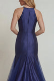 Robe de la mère de la mariée en satin satin en satin en sirène à l’application bleu marine avec fente