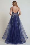 Robe mère de la mariée à bretelles fines bleu marine à bretelles fines en application en satin