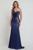Robe marine en satin satin de la mère de la mariée avec des appliques