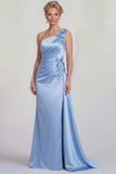 Robe de la mère de la mariée en satin appliquée sur une épaule en sirène bleue avec fente