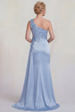 Robe de la mère de la mariée en satin appliquée sur une épaule en sirène bleue avec fente