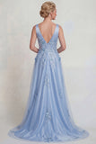 Robe de la mère de la mariée à col en V appliquée à fleurs bleues appliquées
