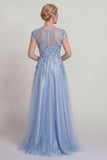 Satin bleu A Line, laille appliquée Robe de la mère de la mariée avec manche