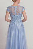 Satin bleu A Line, laille appliquée Robe de la mère de la mariée avec manche