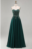 Robe longue formelle longue corde florale perlée verte foncée, sans bretelles