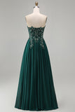 Robe longue formelle longue corde florale perlée verte foncée, sans bretelles