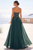 Robe longue formelle longue corde florale perlée verte foncée, sans bretelles