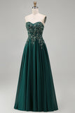 Robe longue formelle longue corde florale perlée verte foncée, sans bretelles