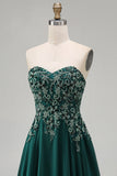 Robe longue formelle longue corde florale perlée verte foncée, sans bretelles