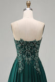 Robe longue formelle longue corde florale perlée verte foncée, sans bretelles