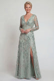 Robe de mère de la mariée verte à manches longues à manches longues, paillettes, avec fente