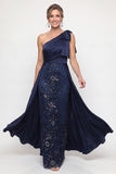 Robe de la mère de la mariée à épaule à épaule avec étui bleu marine et cape