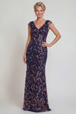 Robe longue de mère de la mariée à manches longues marine scintillantes
