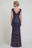 Robe longue de mère de la mariée à manches longues marine scintillantes