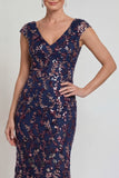 Robe longue de mère de la mariée à manches longues marine scintillantes