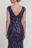 Robe longue de mère de la mariée à manches longues marine scintillantes