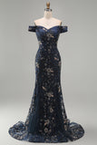 Robe de la mère de la mariée longue sirène perlée à fleurs bleu marine décalée
