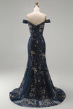 Robe de la mère de la mariée longue sirène perlée à fleurs bleu marine décalée