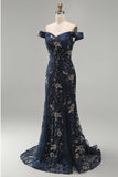 Robe de la mère de la mariée longue sirène perlée à fleurs bleu marine décalée
