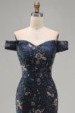 Robe de la mère de la mariée longue sirène perlée à fleurs bleu marine décalée