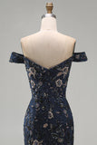 Robe de la mère de la mariée longue sirène perlée à fleurs bleu marine décalée