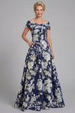 Bleu marine à épaules dénudées, robe fleurie A imprimée en ligne de la mère de la mariée avec poches