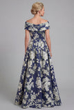 Bleu marine à épaules dénudées, robe fleurie A imprimée en ligne de la mère de la mariée avec poches