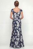 Robe de mère de la mariée à motifs de sirène bleu marine avec manches courtes