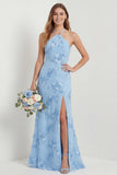 Robe longue de demoiselle d’honneur brodée bleu nuvel bleu clair avec fente