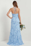 Robe longue de demoiselle d’honneur brodée bleu nuvel bleu clair avec fente