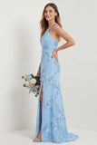 Robe longue de demoiselle d’honneur brodée bleu nuvel bleu clair avec fente