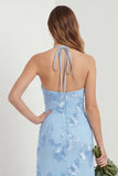 Robe longue de demoiselle d’honneur brodée bleu nuvel bleu clair avec fente