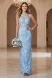 Robe longue de demoiselle d’honneur à dos ouvert à dos nu, bleu clair avec broderie