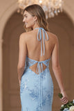 Robe longue de demoiselle d’honneur à dos ouvert à dos nu, bleu clair avec broderie