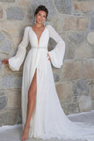 Robe de mariée à manches longues à perles en ivoire scintillante avec fente