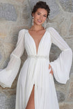 Robe de mariée à manches longues à perles en ivoire scintillante avec fente