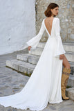 Robe de mariée à manches longues à manches longues en ivoire à col en V avec fente