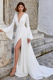 Robe de mariée à manches longues à manches longues en ivoire à col en V avec fente