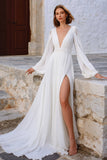 Robe de mariée longue à manches bouffantes à col en V en ivoire avec fente