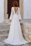 Robe de mariée longue à manches bouffantes à col en V en ivoire avec fente