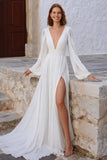 Robe de mariée longue à manches bouffantes à col en V en ivoire avec fente