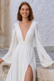 Robe de mariée longue à manches bouffantes à col en V en ivoire avec fente