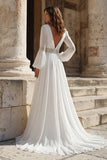 Robe de mariée à manches longues plissées en V, en ivoire et fendue