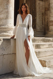 Robe de mariée à manches longues plissées en V, en ivoire et fendue